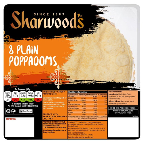 SHARWOODS PLAIN POPPADUMS 8 PACK 1x12x94G
