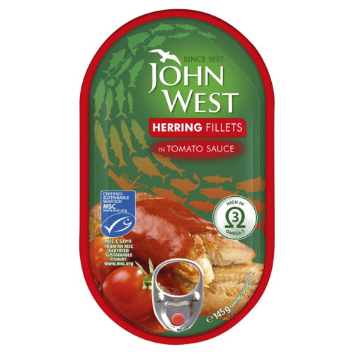 JOHN WEST HERRING FILLETS IN TOMATO SAUCE 1x10x145G
