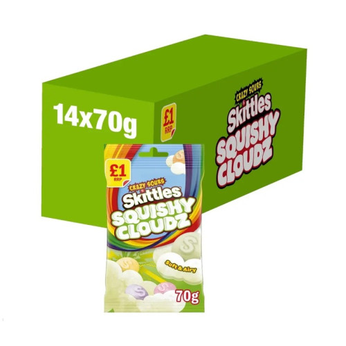 SKITTLES SQUISHY CLOUDZ CHEWY SOUR FRUIT FLAVOURED SWEETS TREAT BAG 14x14x70G PMP &Acirc;&pound;1