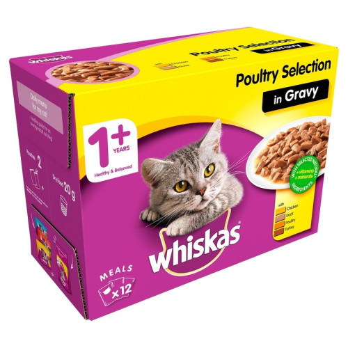 WHISKAS 1+ POUL SELECTION IN GRAVY CAT FOOD 1x4x85G