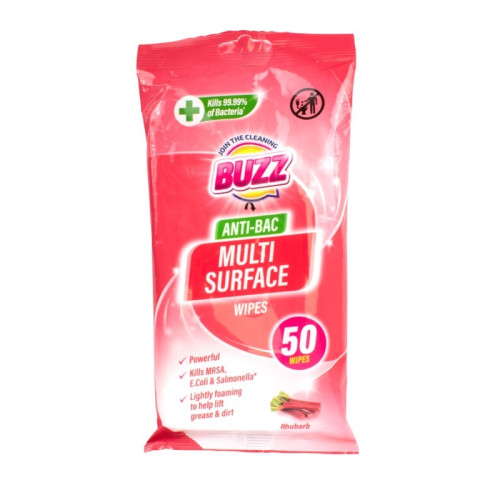 BUZZ ANTIBACTERIAL RHUBARD WIPES 1x50s