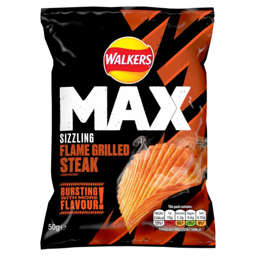 WALKERS MAX SIZZLING FLAME GRILLED STEAK CRISPS 1x24x50G