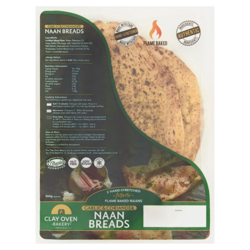 CLAY OVEN BAKERY GARLIC CORIANDER NAAN BREADS 2 PACK 1x360G
