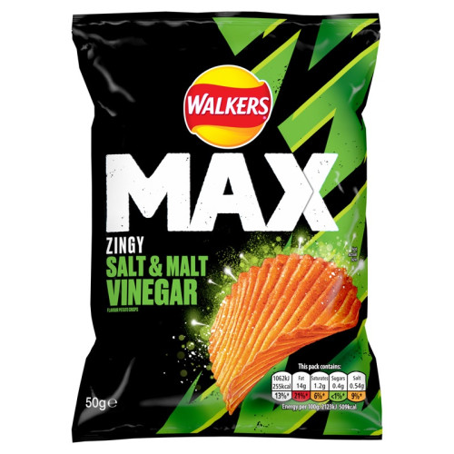 WALKERS MAX ZINGY SALT & MALT VINEGAR CRISPS 1x24x50G