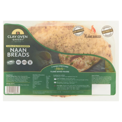 CLAY OVEN BAKERY GARLIC CORIANDER SMALL NAAN BREADS 3 PACK 1x300G