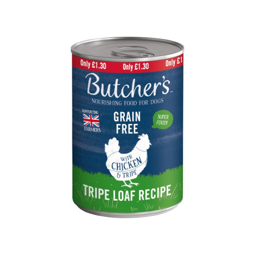 BUTCHERS CHICKEN & TRIPE DOG FOOD TIN 1x12x400G PMP &Acirc;&pound;1.3