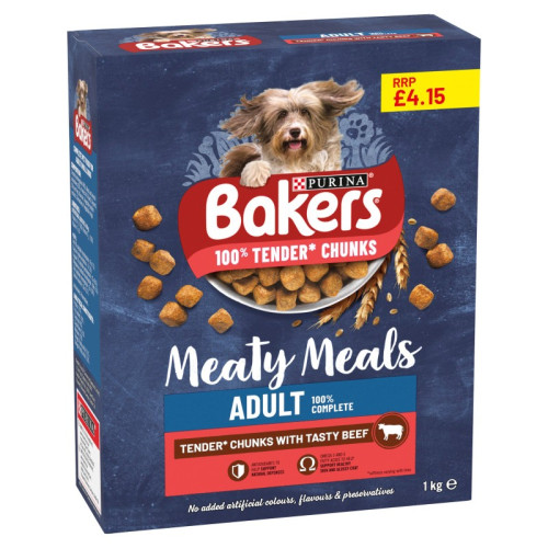 BAKERS MEATY MEAL ADULT BEEF DRY DOG FOOD 5x1KG PMP &Acirc;&pound;4.15