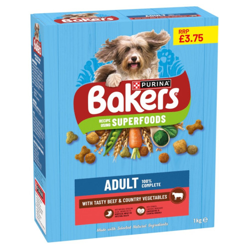 BAKERS ADULT WITH TASTY BEEF & COUNTRY VEGETABLE DOG FOOD 1x1KG PMP &Acirc;&pound;3.75
