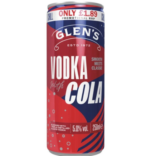 GLENS VODKA COLA READY TO DRINK CAN 1x12x250ML PMP &Acirc;&pound;1.89