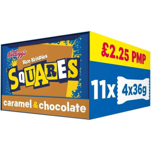 KELLOGGS RICE KRISPIES SQUARES CARAMEL CHOCOLATE BAR 4 PACK 1x11x36G PMP &Acirc;&pound;2.25