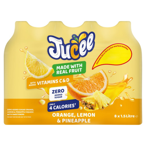 JUCEE SQUASH ORANGE, LEMON & PINEAPPLE NO ADDED SUGAR BOTTLE 1x8x1.5L PMP &Acirc;&pound;1.59