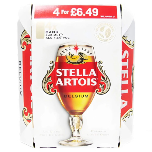 STELLA ARTOIS PREMIUM LAGER 4 PACK CAN 1x6x440ML PMP &Acirc;&pound;6.49