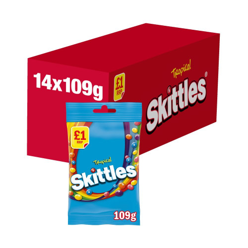 SKITTLES VEGAN CHEW TROPICAL FRUIT FLAVOURED SWEETS TREAT BAG 1x14x109G PMP &Acirc;&pound;1