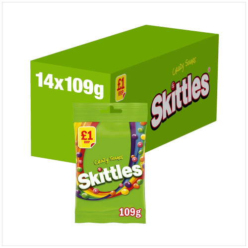 SKITTLES VEGAN CHEW CRAZY SOURS FRUIT FLAVOURED SWEETS TREAT BAG 1x14x109G PMP &Acirc;&pound;1