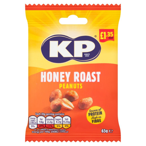 KP ROASTED HONEY PEANUTS 1x16x65G PMP &Acirc;&pound;1.35