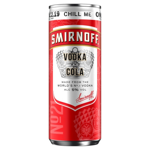 SMIRNOFF RED VODKA AND COLA READY TO DRINK CAN 12x250ML PMP &Acirc;&pound;2.25