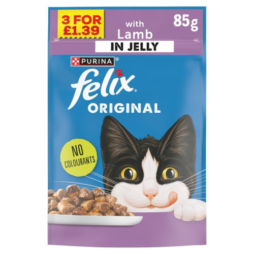 FELIX CHUNKS IN JELLY LAMB CAT FOOD 26x85G PMP 3 FOR &Acirc;&pound;1.39
