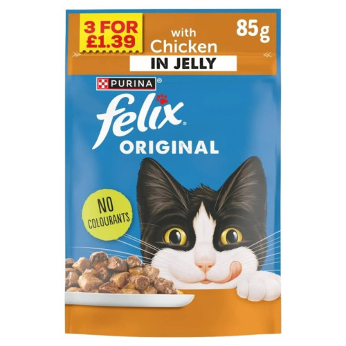 FELIX CHUNKS IN JELLY CHICKEN CAT FOOD 26x85G PMP 3 FOR &Acirc;&pound;1.39