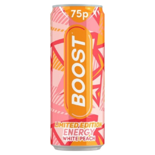 BOOST ENERGY WHITE PEACH LIMITED EDITION CAN 24x250ML PMP &Acirc;&pound;0.75