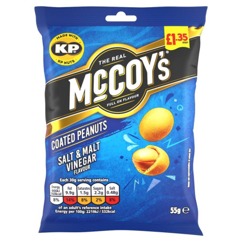 MCCOYS SALT & MALT VINEGAR COATED PEANUTS 16x55G PMP &Acirc;&pound;1.35