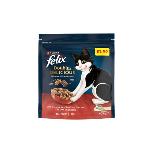 FELIX DRY BEEF CHICKEN & VEGETABLE CAT FOOD 4x600G PMP &Acirc;&pound;2.99