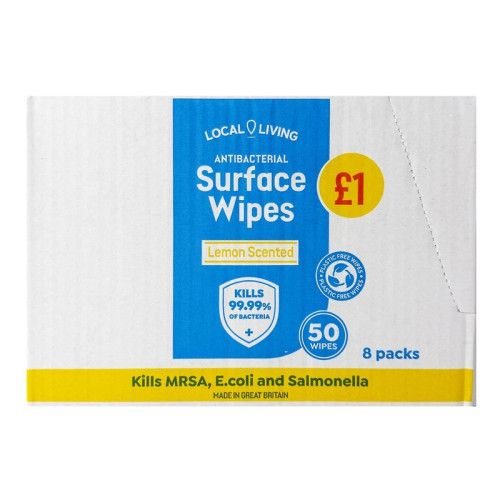 LOCAL LIVING ANTI BACTERIAL SURFACE WIPES 8x50s PMP &Acirc;&pound;1.00