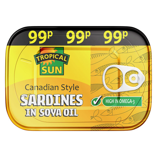 TROPICAL SUN CANADIAN SARDINES IN SOYA OIL 12x106G PMP &Acirc;&pound;0.99
