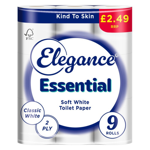 ELEGANCE ESSENTIAL SOFT WHITE 2 PLY TOILET TISSUE ROLLS 4x9PK PMP &Acirc;&pound;2.49