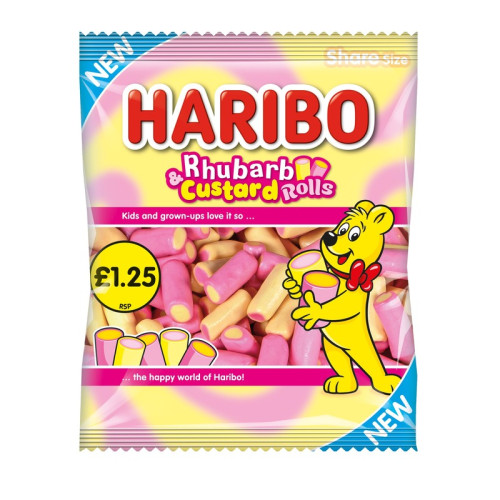 HARIBO RHUBARB AND CUSTARD ROLLS SWEETS 12x140G PMP &Acirc;&pound;1.25