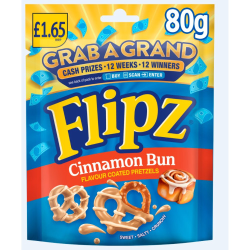 FLIPZ CINNAMON BUN PRETZELS 12x80G PMP &Acirc;&pound;1.65