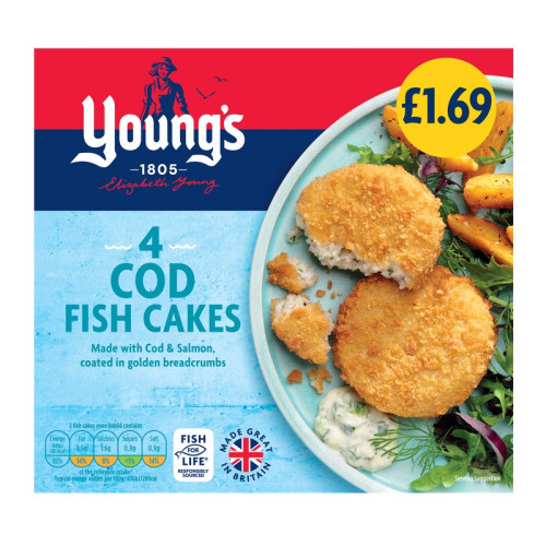 YOUNGS BREADED COD FISH CAKES 4 PACK 12x200G PMP &Acirc;&pound;1.69