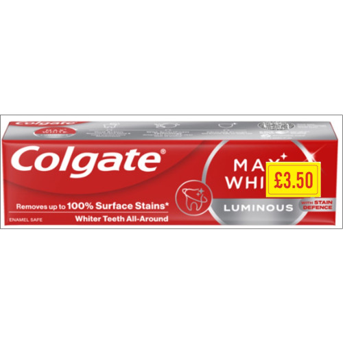 COLGATE MAX WHITE LUMINOUS TOOTHPASTE 6x75ML PMP &Acirc;&pound;3.50