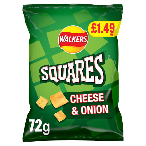 WALKERS SQUARES CHEESE & ONION SNACKS CRISPS 18x72G PMP &Acirc;&pound;1.49