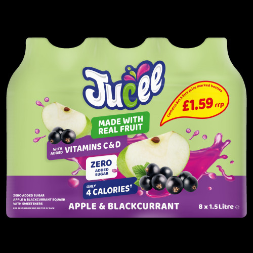 JUCEE SQUASH APPLE & BLACKCURRANT NO ADDED SUGAR BOTTLE 8x1.5L PMP &Acirc;&pound;1.59