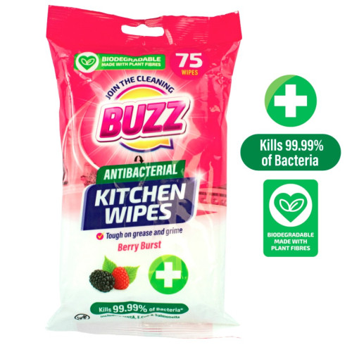 BUZZ ANTIBACTERIAL KITCHEN BERRY BURST WIPES 8x75PK