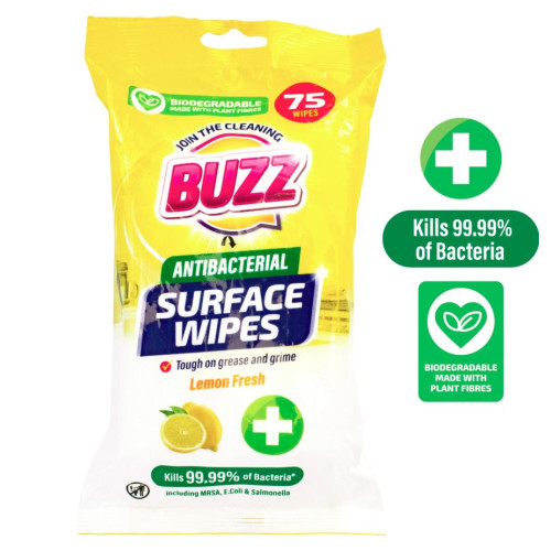 BUZZ ANTIBACTERIAL ALL PURPOSE LEMON FRESH WIPES 8x75PK