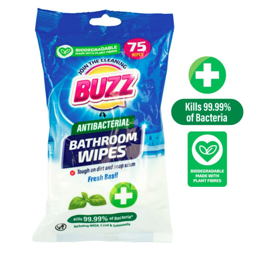 BUZZ ANTIBACTERIAL BATHROOM FRESH BASIL WIPES 8x75PK