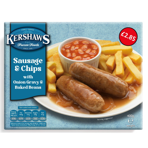 KERSHAWS SAUSAGE & CHIPS 1x400G PMP &Acirc;&pound;2.85